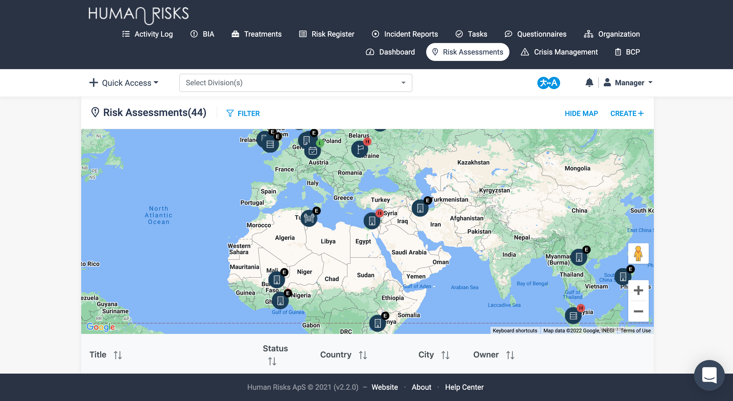 Risk Assessment module - map view