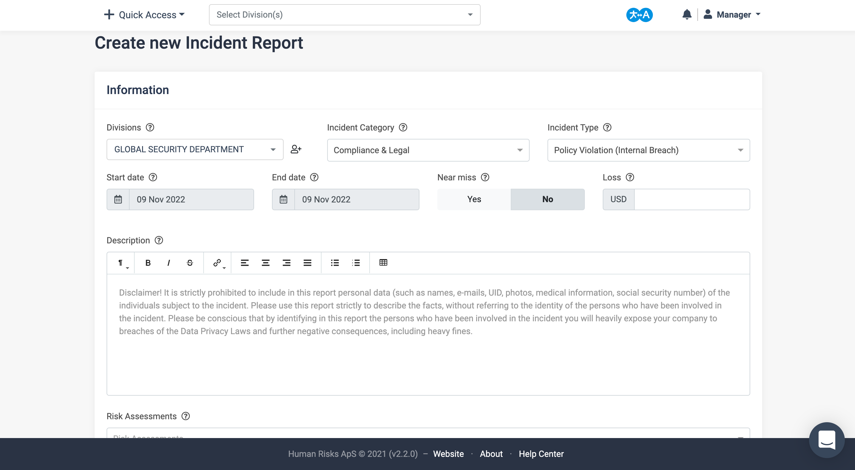 Incident Reports module - creating a new incident report